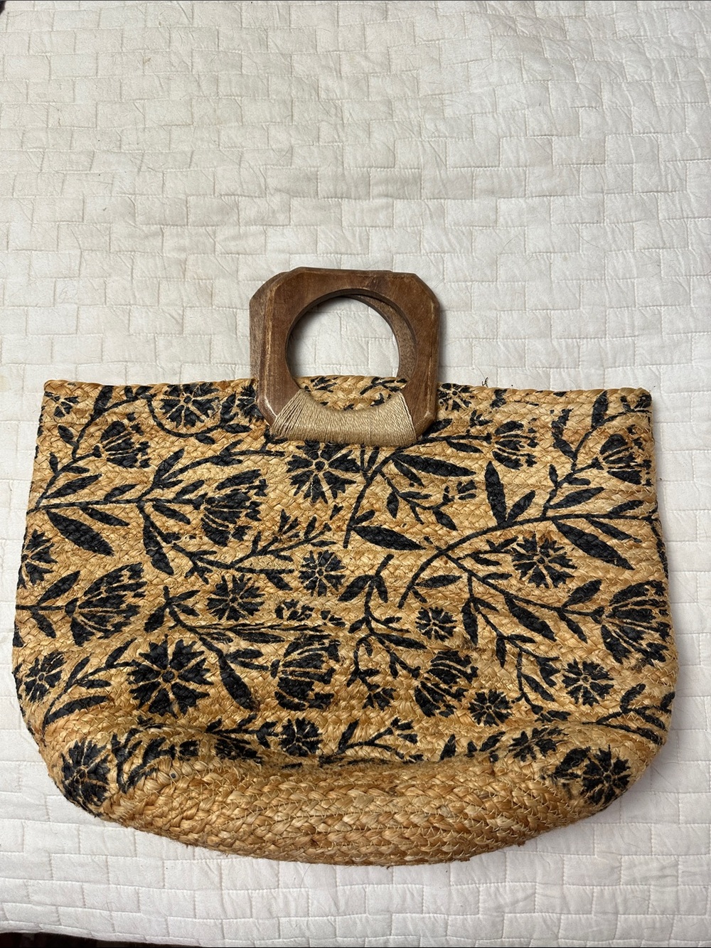 Antik Kraft Woven Straw Tote with Black Floral Print and Wooden Handles